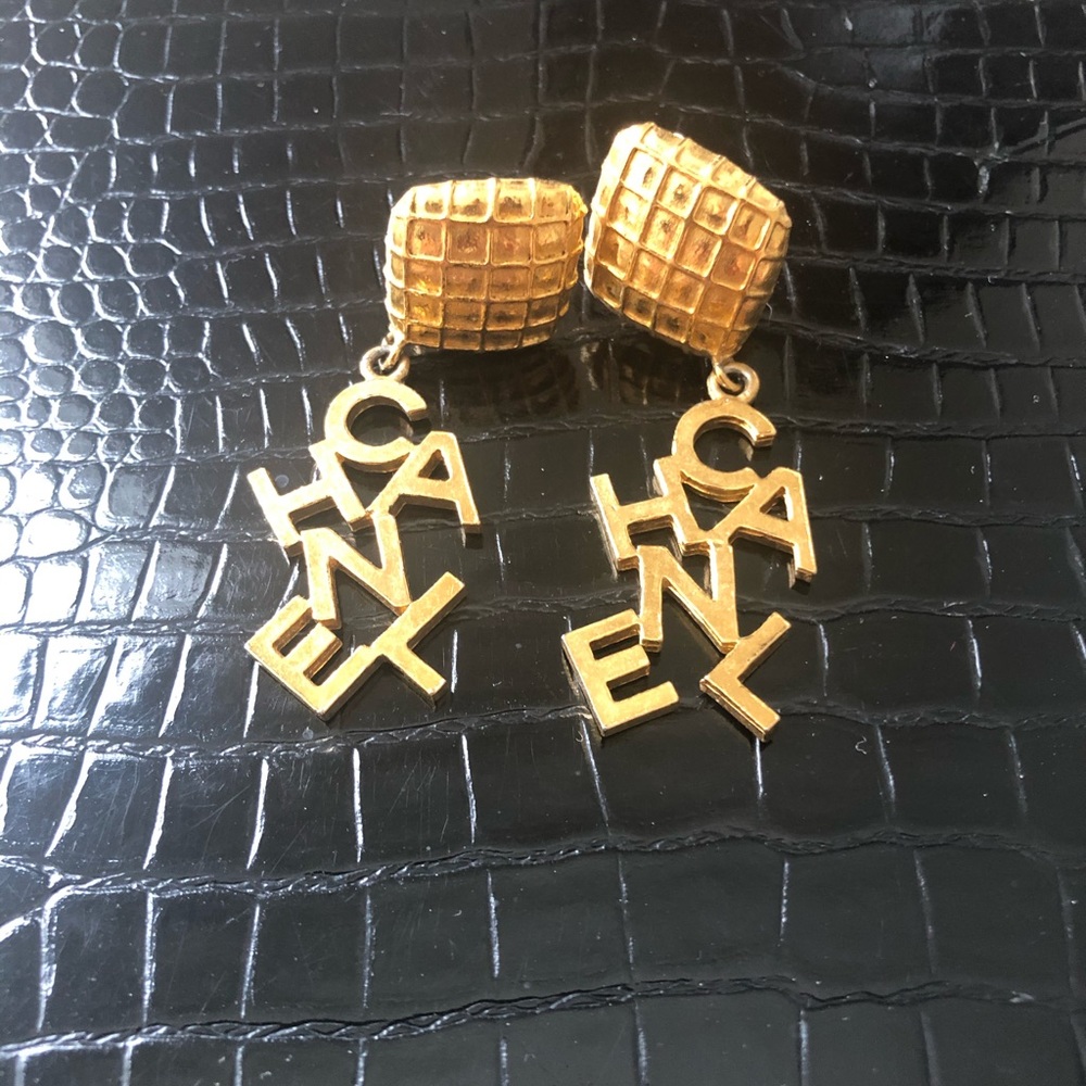 AUTHENTIC Vintage Chanel logo gold plated earrings